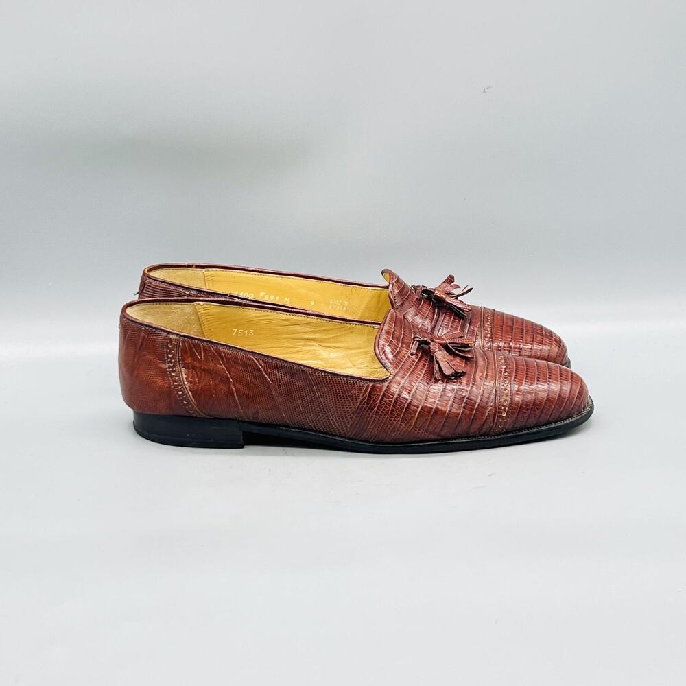 Neiman Marcus Shoes Mens 9 Brown Leather Lizard Tassel Loafers Slip On Dress